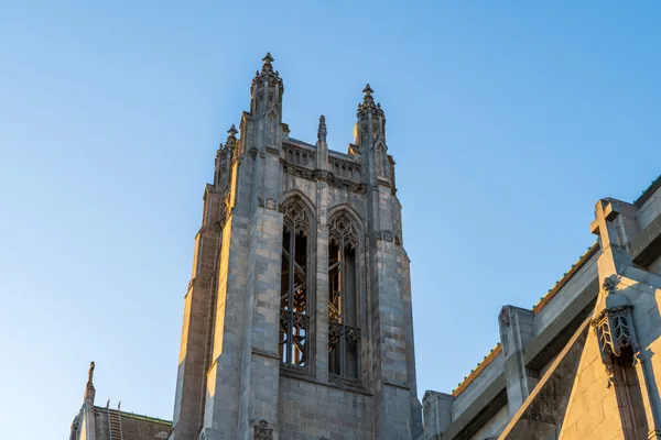 Gothic cathedral tower with ornate stone spires against clear blue sky