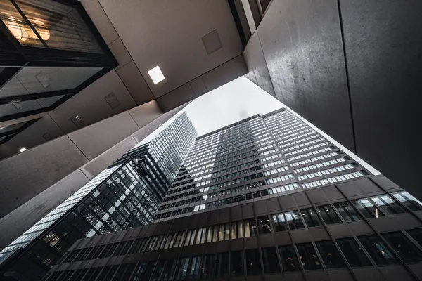 Upward view of modern skyscraper glass and steel exterior with windows